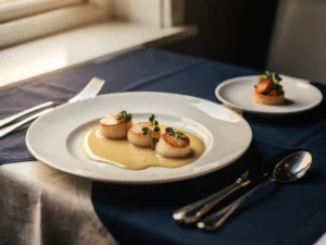Seared scallops with microgreens and bisque reduction on a white plate, soft golden window light illuminating polished silverware on a linen table.