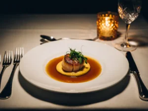 Gebakken sint-jakobsschelp met microgroenten en bisquereductie op wit porseleinen bord in kaarslicht fine dining setting.