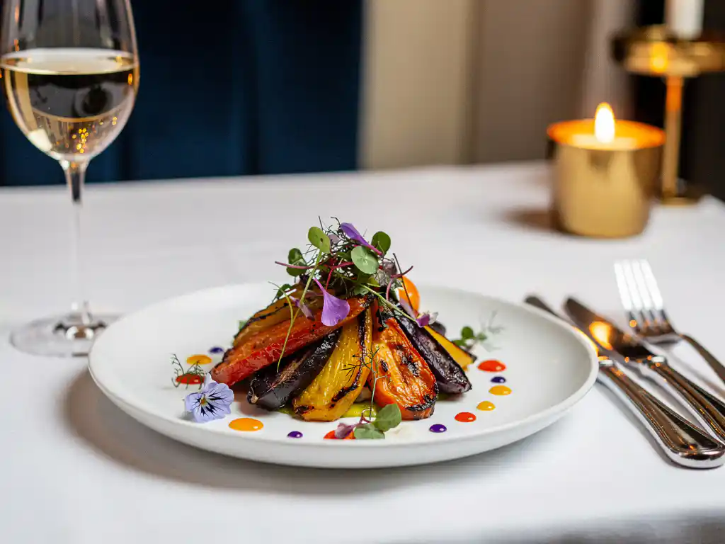 Vegetarisch fine dining bord met geroosterde erfgoedgroenten en microgreens, omringd door kristallen wijnglas en zilverbestek bij kaarslicht.