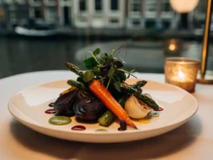 Vegetarisch fine dining bord met microgreens en geroosterde groenten, zachte kaarslichtsfeer met Amsterdamse grachtenhuizen op de achtergrond.