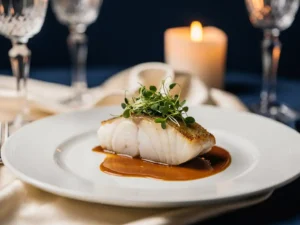 Gegrild visfilet met microgreens en glanzende sausreductie op wit bord, kaarslicht en kristallen glazen op achtergrond.