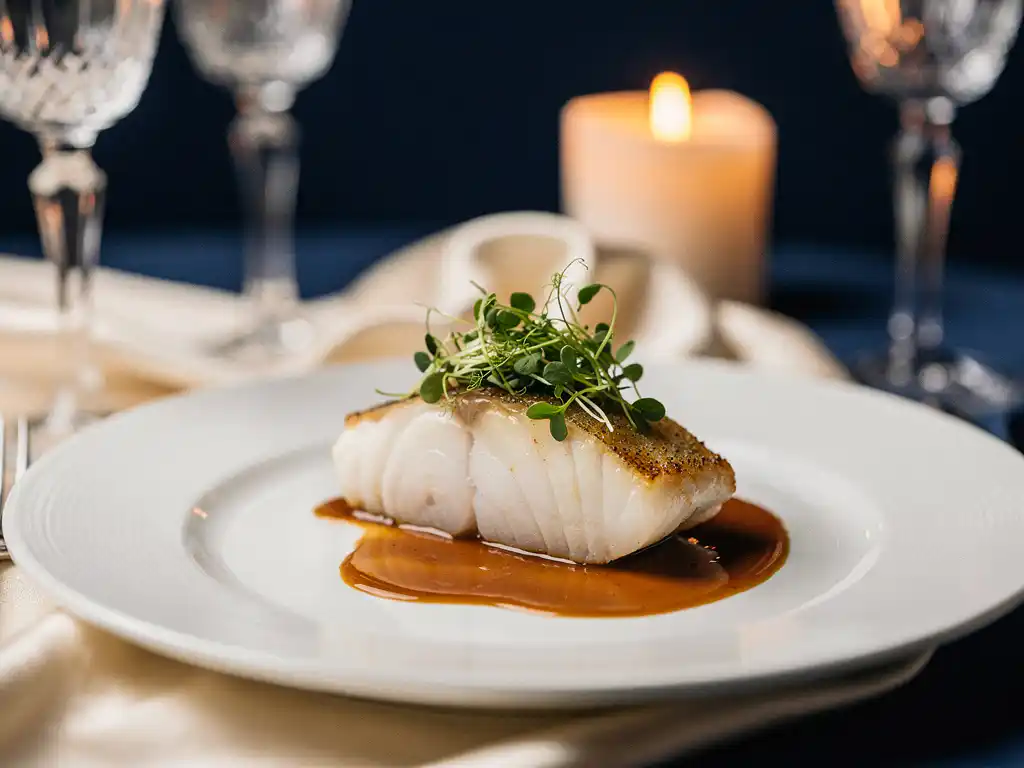 Gegrild visfilet met microgreens en glanzende sausreductie op wit bord, kaarslicht en kristallen glazen op achtergrond.