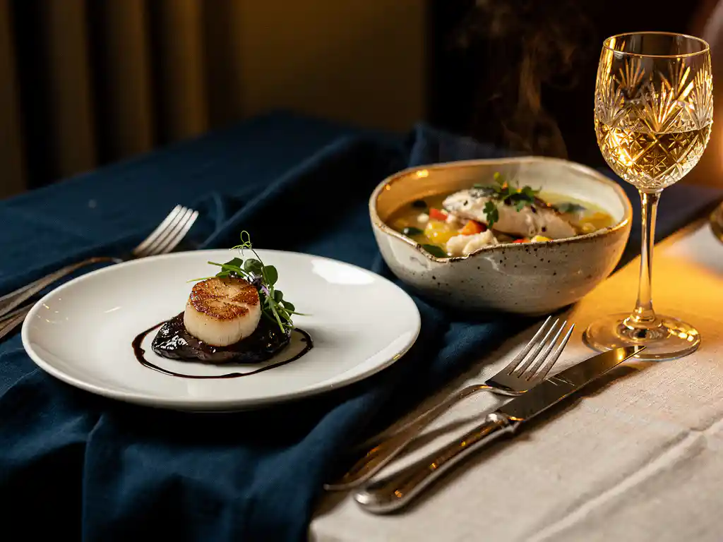 Gesauteerde coquille met microgreens en sausreductie op wit bord naast rustieke vissoep, kaarsverlichting en kristallen wijnglas.