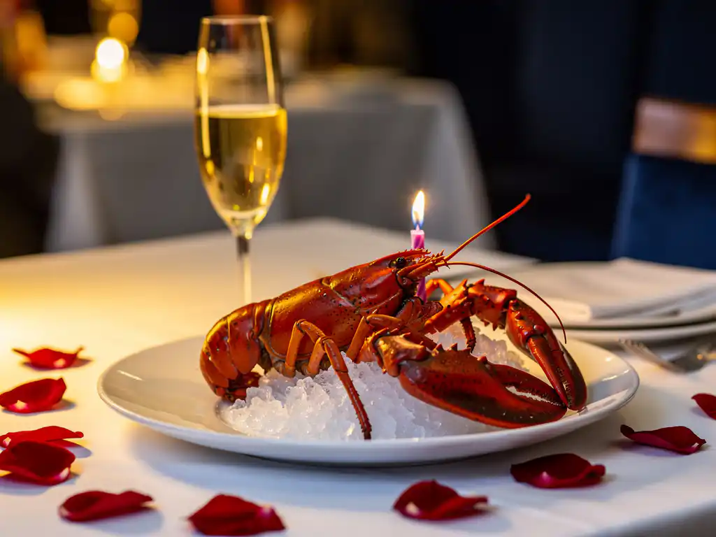 Hele kreeft op crushed ice naast een champagneglas met brandende verjaarskaars, rozenblaadjes op wit tafelkleed in Amsterdam restaurant.
