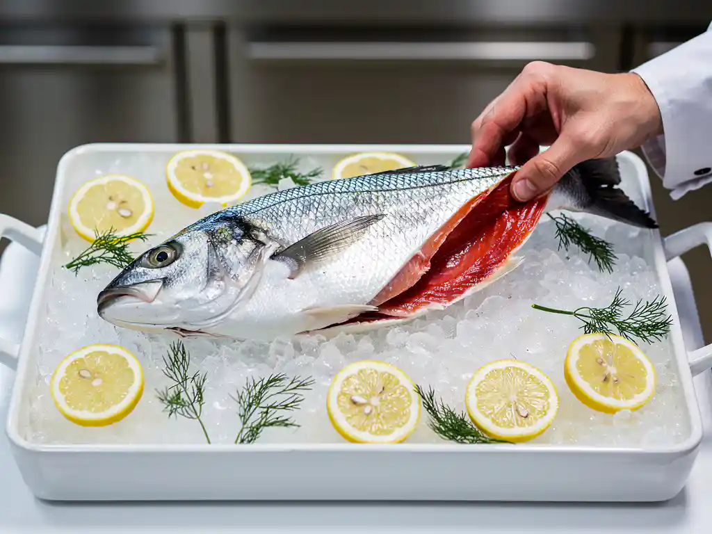 Verse zeebaars op crushed ijs met citroen en dille, chef inspecteert rode kieuwen op versheid in een fine dining keuken.
