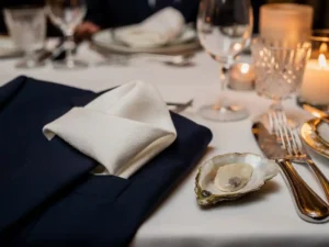 Gevouwen wit linnen pochet op marineblauw blazerrevers, naast oesterschelp en zilver bestek bij kaarslicht in Amsterdam restaurant.