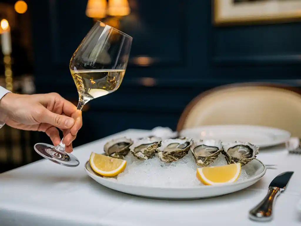Sommelier schenkt witte wijn bij verse oesters met citroen op wit linnen tafelkleed in kaarslicht Amsterdams brasserie.