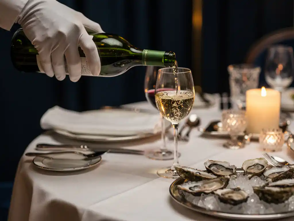 Sommelier in witte handschoen schenkt witte wijn in kristallen glas aan gedekte tafel met oesters op ijs en kaarslicht.