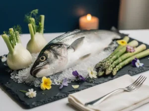 Verse zeebaars op crushed ice met babyvenkel, asperges en eetbare bloemen op een leisteen plank bij kaarslicht.
