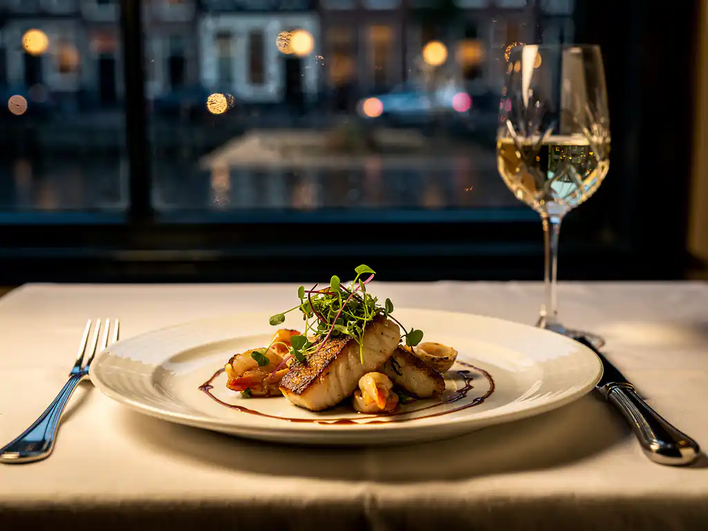 Elegant opgemaakt zeevruchtengerecht met saus en microgreens op wit bord, kristallen wijnglas bij kaarslicht, Amsterdams grachtenpand op achtergrond.