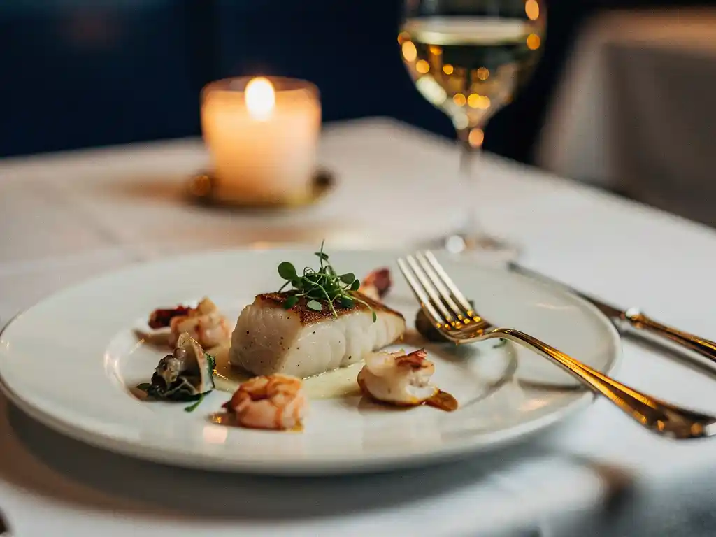 Elegant opgemaakt zeevruchtengerecht met microgreens en zilveren vork op wit linnen, bij kaarslicht in Amsterdams restaurant.