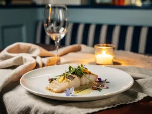 Verfijnd opgemaakt zeevisgerecht op wit keramisch bord met delicate garnering, kaarslicht en wijnglas in elegant restaurantinterieur.