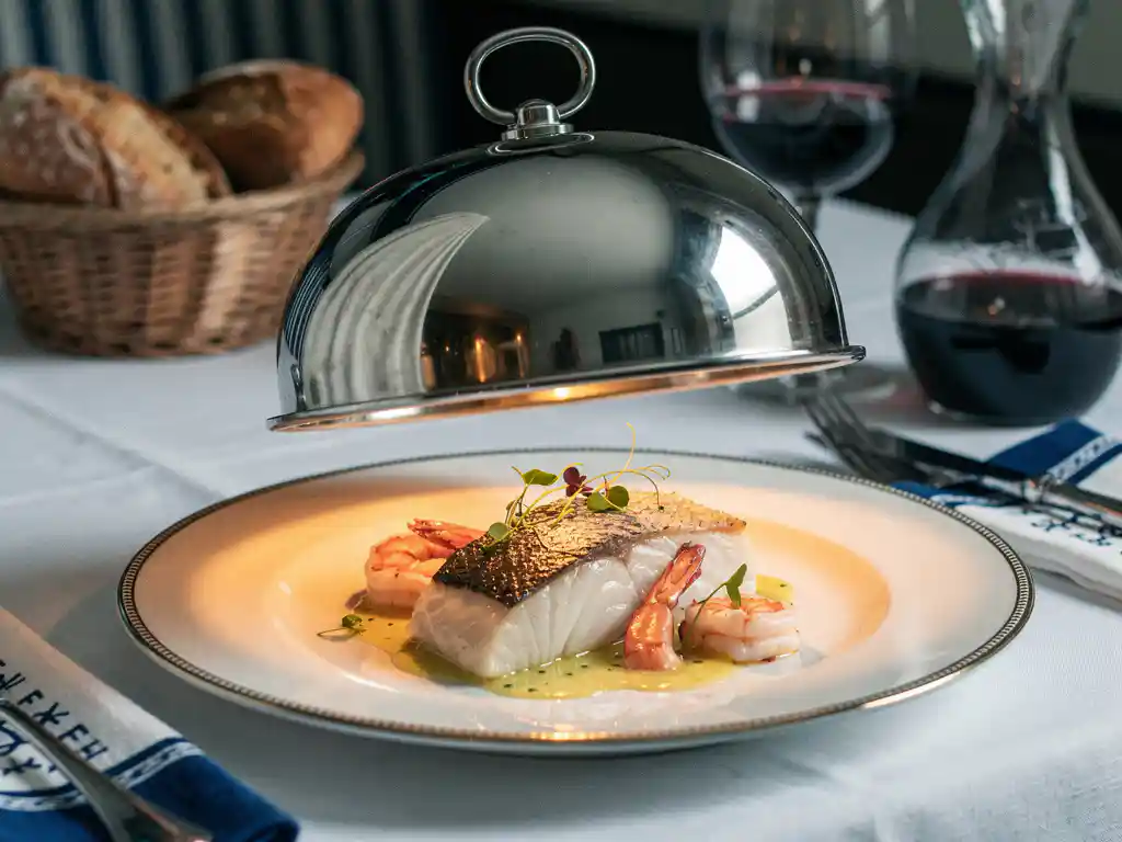 Zilveren stolp die wordt opgelicht boven een elegant opgediend visgerecht op wit linnen, met kaarslicht en nautische tinten.