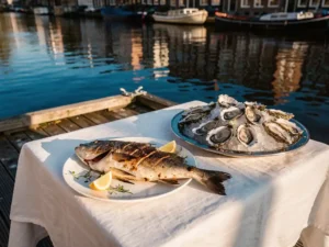Gegrilde hele vis en oesters op crushed ice op een zonnig terras aan een Amsterdamse gracht, met wit linnen en houten steigerplanken.