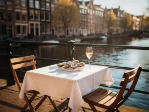 Terras aan Amsterdamse gracht met oesters en gekoeld witglas, historische grachtenpanden weerspiegeld in het water, gouden middaglicht.