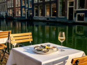Amsterdams kanaalterras met oesters en witte wijn op tafel, klassiek grachtenpand weerspiegeld in groen water, gouden middaglicht.