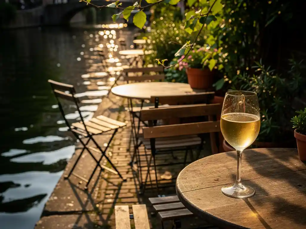 Verborgen terras aan Amsterdamse gracht met verweerde houten stoelen, glas witte wijn in middagzon en weelderig groen.