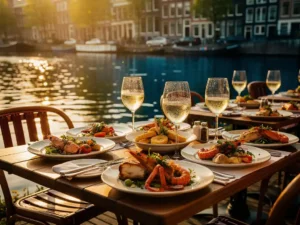 Zonnig terras aan Amsterdamse gracht met zeevruchten en gekoeld witte wijn, historische grachtenpanden weerspiegeld in het water, gouden middaglicht.