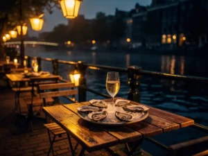 Kaarsverlicht terras aan Amsterdams kanaal bij schemering, met oesters en gekoelde witte wijn op rustieke houten tafels.