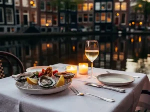 Kaarslicht seafooddiner met verse oesters en gekoelde witte wijn op een Amsterdams terras aan het water bij gouden uur.