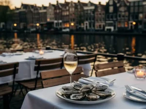 Kaarsverlicht terras aan Amsterdamse gracht bij gouden uur, met witte linnen tafels, een glas witte wijn en oesters, historische grachtenpanden op achtergrond.