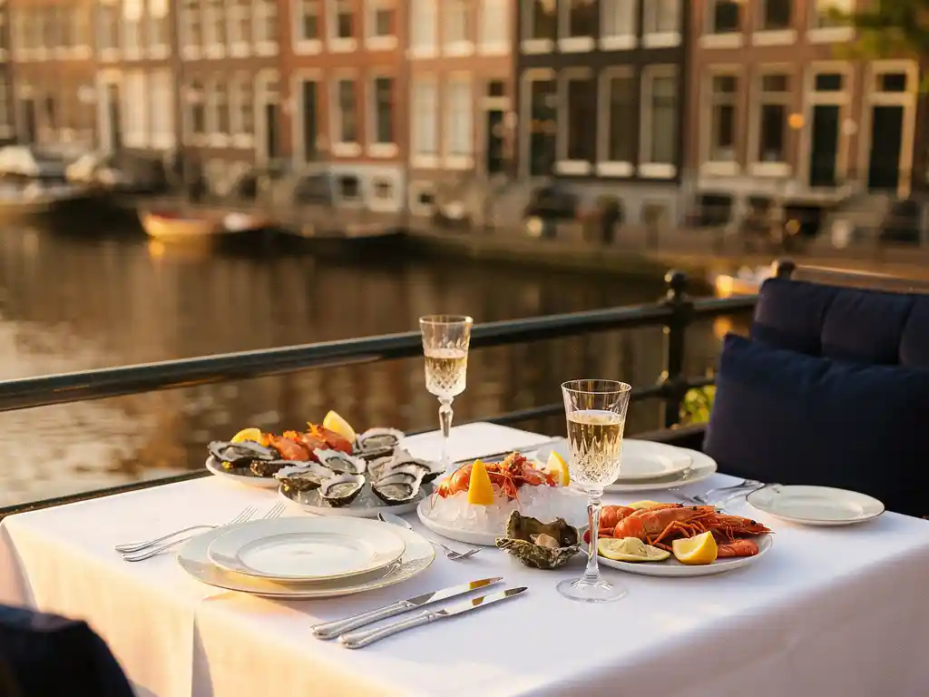 Champagneglazen en verse oesters op een terras aan een Amsterdamse gracht, met grachtenpanden zacht op de achtergrond.