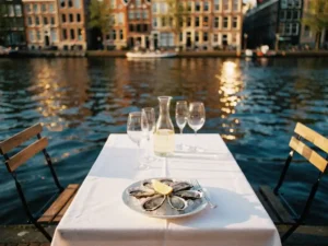 Amsterdams kanalterras met oesters, wijnglazen en historische gevels weerspiegeld in kalm water op zonnige middag.