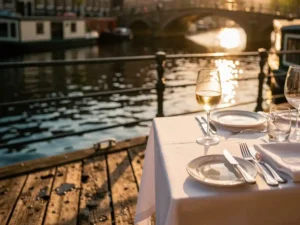 Terrastafel met wit linnen en glas witte wijn aan Amsterdams kanaal, gouden middagzon weerspiegeld in het water, woonboten op de achtergrond.