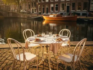 Zonnig waterterras in Amsterdam met witte bistrostoelen, zeevruchten en historische grachtenpanden weerspiegeld in het kalme water.