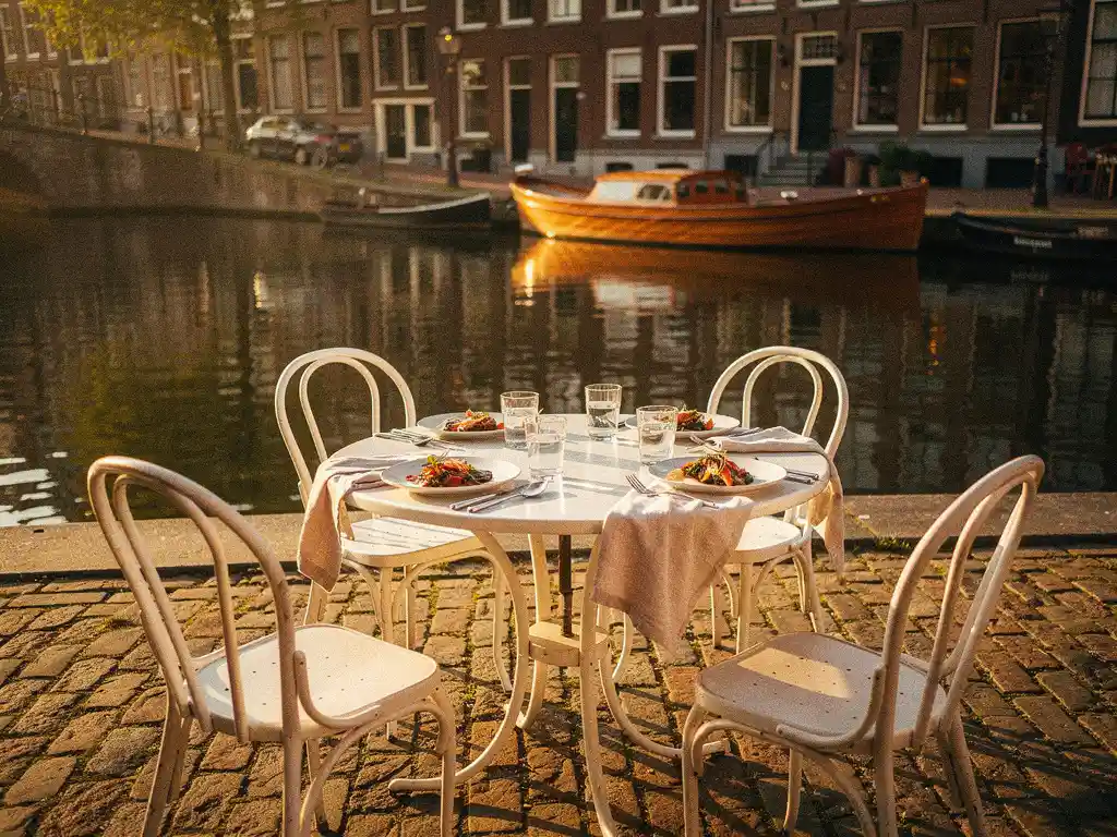 Zonnig waterterras in Amsterdam met witte bistrostoelen, zeevruchten en historische grachtenpanden weerspiegeld in het kalme water.