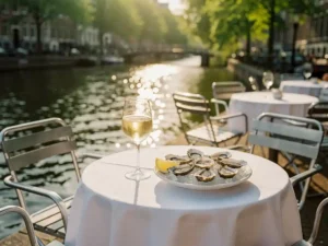 Zonnig terras aan een Amsterdams-Zuid kanaal met witte linnen tafels, een glas witte wijn en verse oesters op de voorgrond.