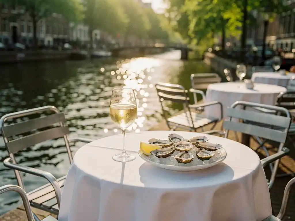 Zonnig terras aan een Amsterdams-Zuid kanaal met witte linnen tafels, een glas witte wijn en verse oesters op de voorgrond.