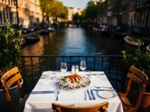 Zonnig terras aan een Amsterdamse gracht met verse oesterplank op tafel, houten bistrostoelen en witte tafelkleden in gouden avondlicht.