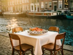 Canalterras in Amsterdam met oesters en langoustines op witte linnentafelkleden, historische grachtenpanden en woonboten weerspiegeld in het water.