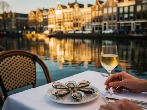 Vers oesters en gekoeld glas witte wijn op een zonnig Amsterdams terras aan de gracht, met historische grachtenpanden op de achtergrond.