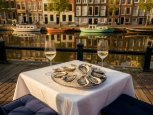 Terras aan Amsterdamse gracht met verse oesters op crushed ice en gekoelde witte wijn, historische grachtenpanden weerspiegeld in rustig water.