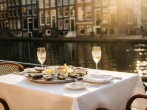 Terras aan Amsterdamse gracht met verse oesters op crushed ice, witte wijn en historische grachtenpanden weerspiegeld in het water.