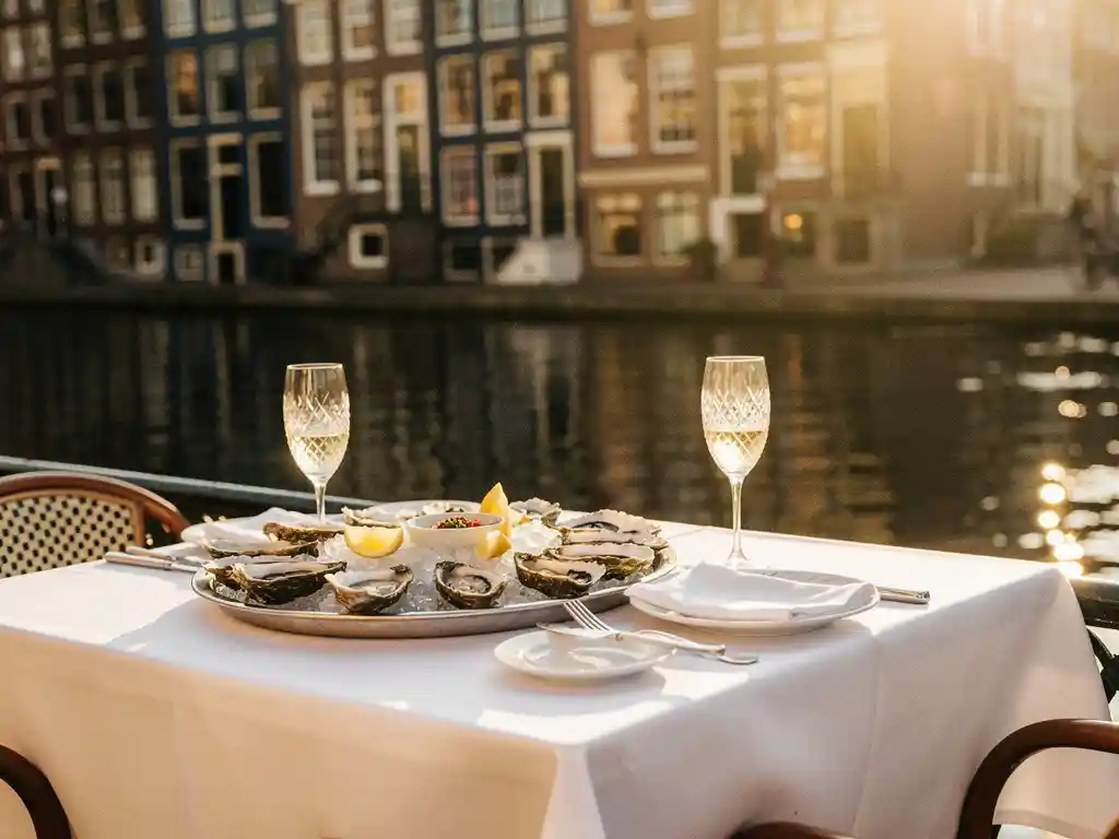 Terras aan Amsterdamse gracht met verse oesters op crushed ice, witte wijn en historische grachtenpanden weerspiegeld in het water.