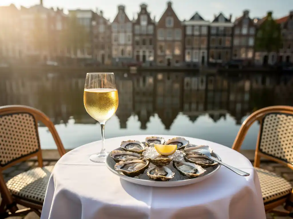 Glas witte wijn en verse oesters op ijs op een zonnig terras aan de Amsterdamse gracht, met Hollandse grachtenpanden op de achtergrond.