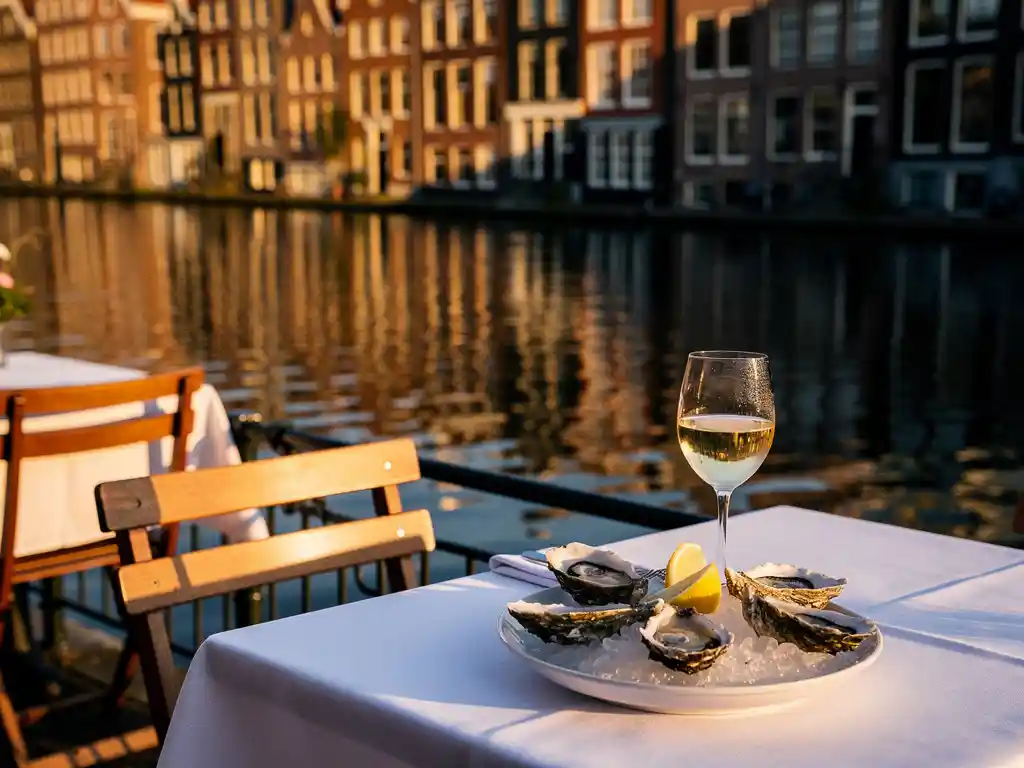 Zonnig waterterras in Amsterdam met een glas witte wijn en verse oesters, historische grachtenpanden op de achtergrond.