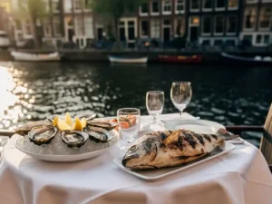 Terras aan Amsterdamse gracht met verse oesters en gegrilde vis op wit linnen, gouden-uurlicht weerspiegeld in het water, historische grachtenpanden op achtergrond.