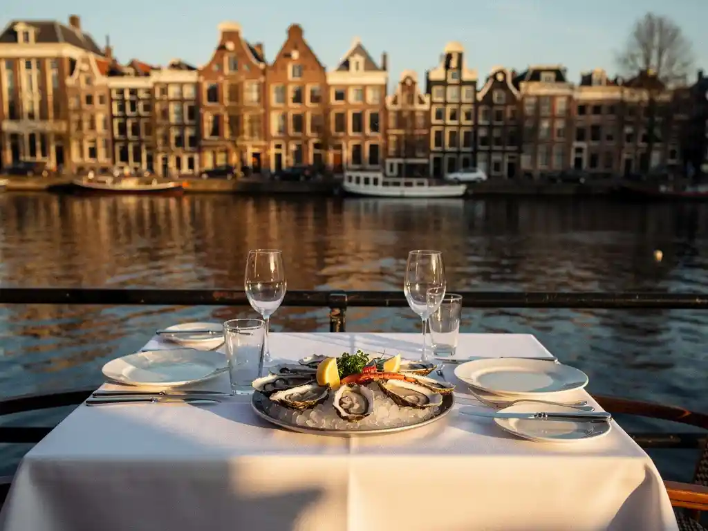 Terras aan Amsterdamse gracht met oesterplatter, witte linnen en wijnglazen in gouden middaglicht, grachtenpanden op achtergrond.