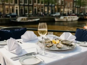 Terras aan Amsterdamse gracht met oesterplank, citroen en glas witte wijn, kanaalboten en grachtenpanden op de achtergrond.