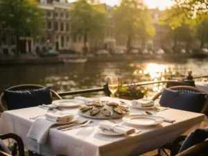 Terras aan het water in Amsterdam-Zuid met witte linnen tafels, verse oesters en een glas witte wijn in gouden middaglicht, grachtenreflecties op de achtergrond.
