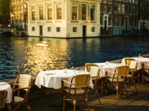 Zonnig waterterras in Amsterdam met witte linnen tafels langs een gracht, gouden middaglicht weerspiegeld in donker kanalwater en klassieke grachtenpanden op de achtergrond.
