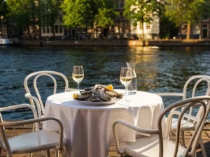 Zonnig terras aan Amsterdams kanaal met verse oesters en gekoelde witte wijn op linnen tafels, gouden middaglicht weerspiegeld in het water.