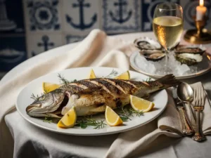 Gegrilde hele vis op wit keramisch bord met citroenpartjes, zeegroenten, oesters en een glas witte wijn bij kaarslicht.