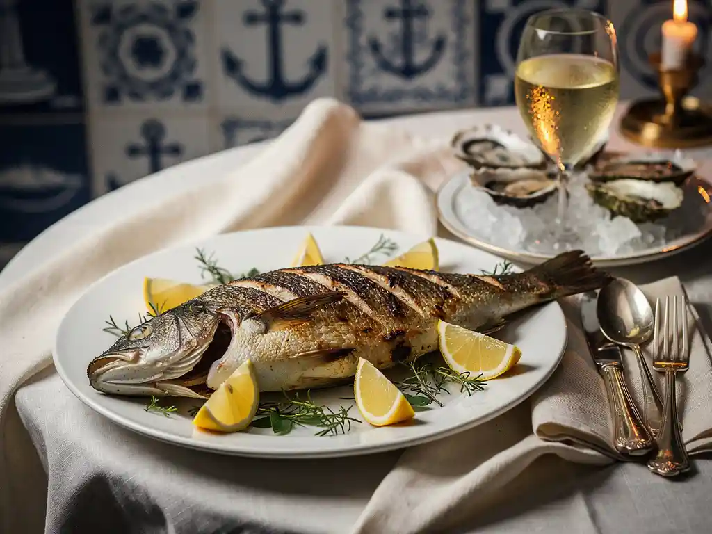 Gegrilde hele vis op wit keramisch bord met citroenpartjes, zeegroenten, oesters en een glas witte wijn bij kaarslicht.