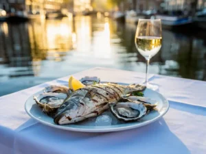 Gegrilde vis en oesters op wit linnen tafelkleed, zonnig terras aan Amsterdamse gracht met witte wijn en bootjes op achtergrond.
