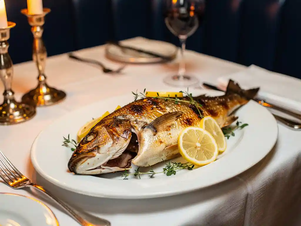 Gegrilde hele vis op wit keramisch bord, gegarneerd met citroen en kruiden, bij kaarslicht in een Amsterdams brasserie.